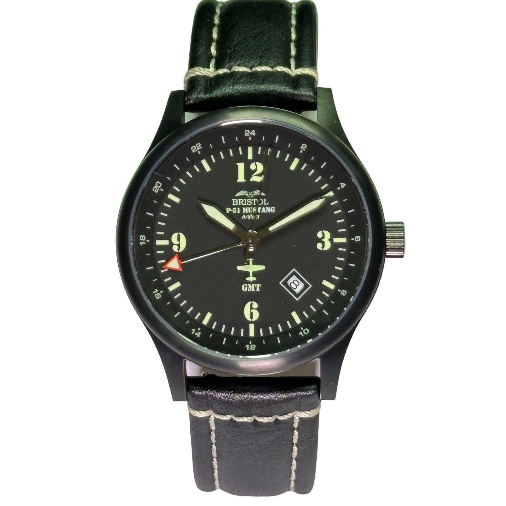 P-51 Mustang Tribute - Stainless Steel, Black Finish, Black Leather Band