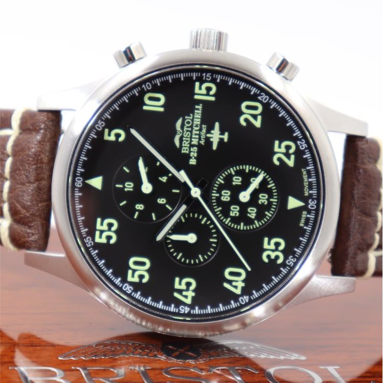 B-25 Mitchell Tribute - Stainless Steel, Brush Finish, Black Dial, Brown Leather Stitched Band