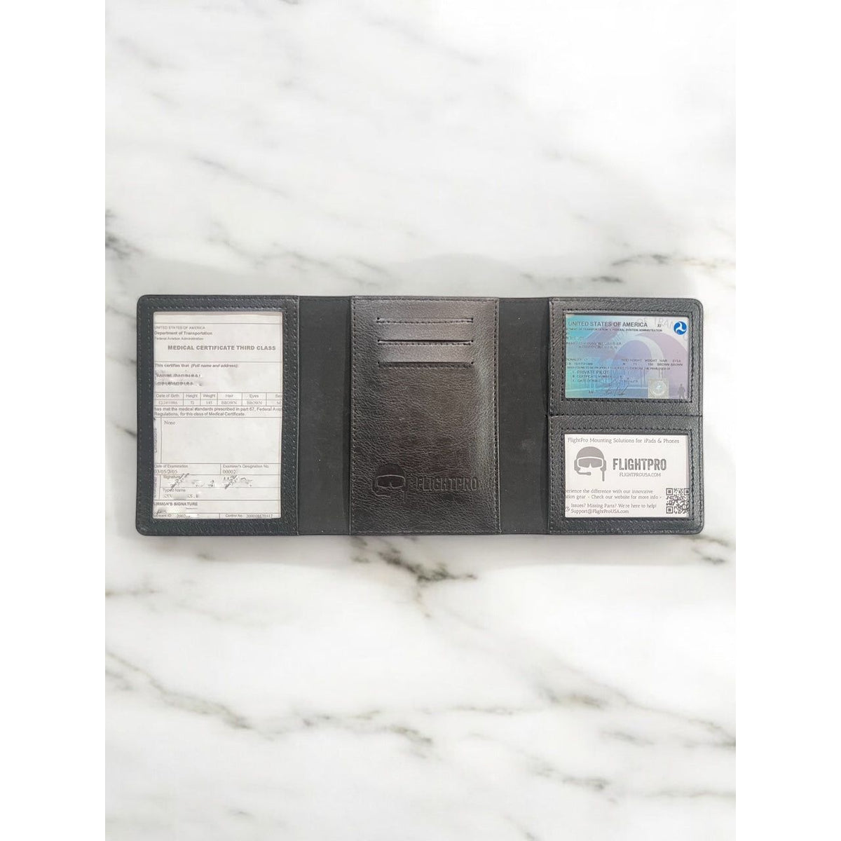 Ðirect-To Pilot Wallet with Designated Slots for License, Passport, Medical Certificate, Black PU-Leather