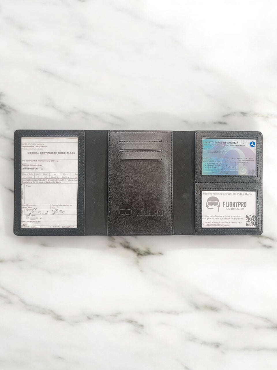 Ðirect-To Pilot Wallet with Designated Slots for License, Passport, Medical Certificate, Black PU-Leather