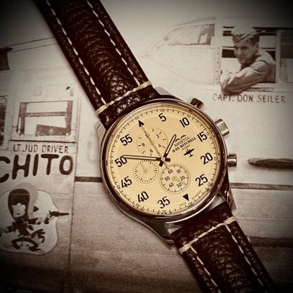 B-25 Mitchell Tribute - Stainless Steel, Polished Finish, Beige Dial, Brown Leather Band with Stitching