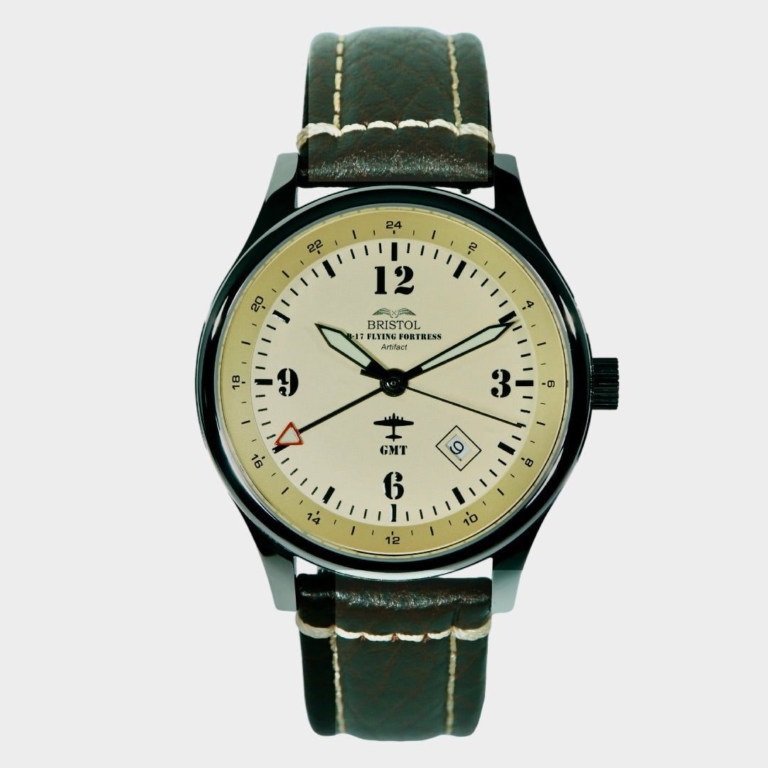 B-17 Tribute - Polished Finish, Beige Dial, Stainless Steel, Brown Leather Band with Stitching