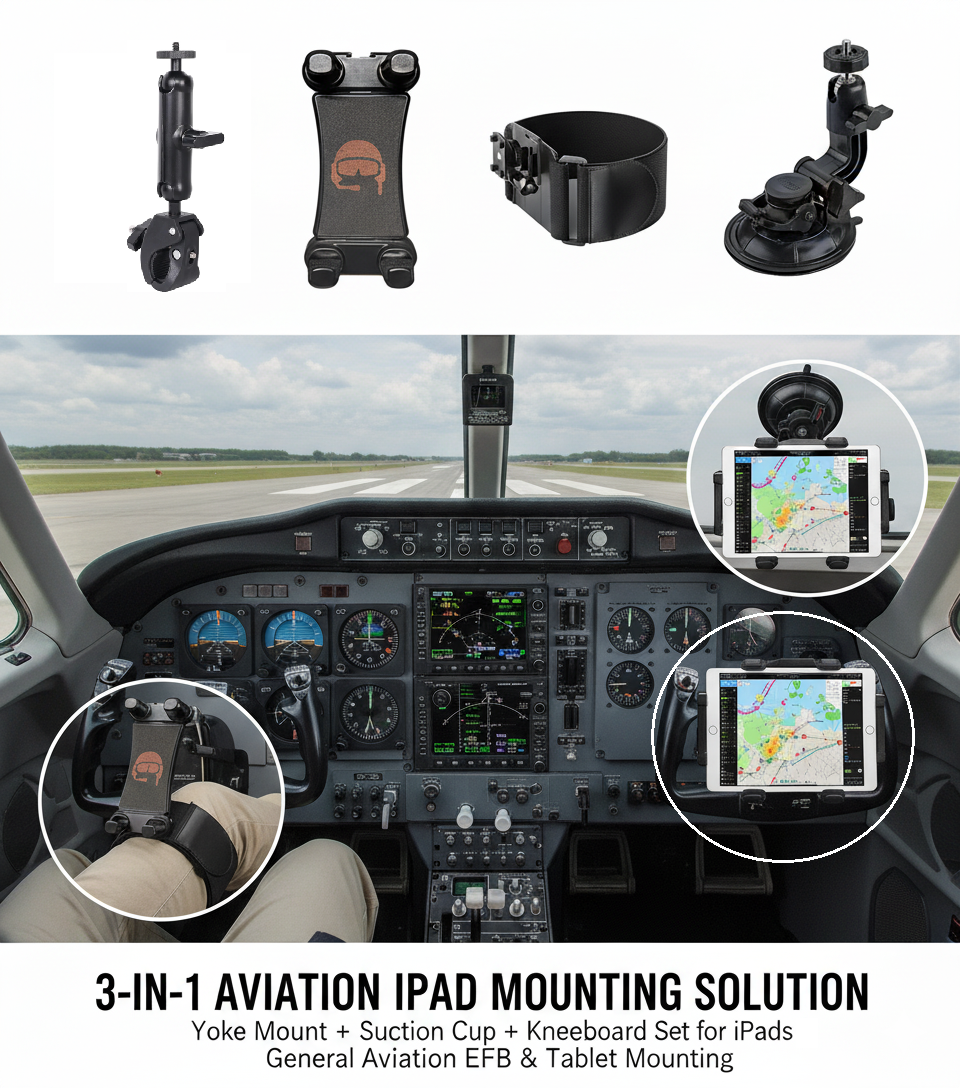 ProAviator 3-in-1 Aviation iPad Mount Set | Yoke, Suction Cup & Kneeboard