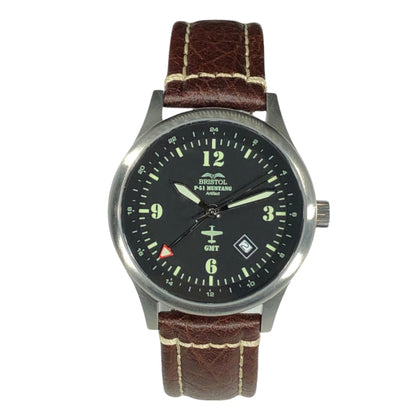P-51 Mustang Tribute - Stainless Steel, Brush Finish, Brown Leather Band